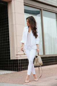 J brand white denim jacket and skinny jeans